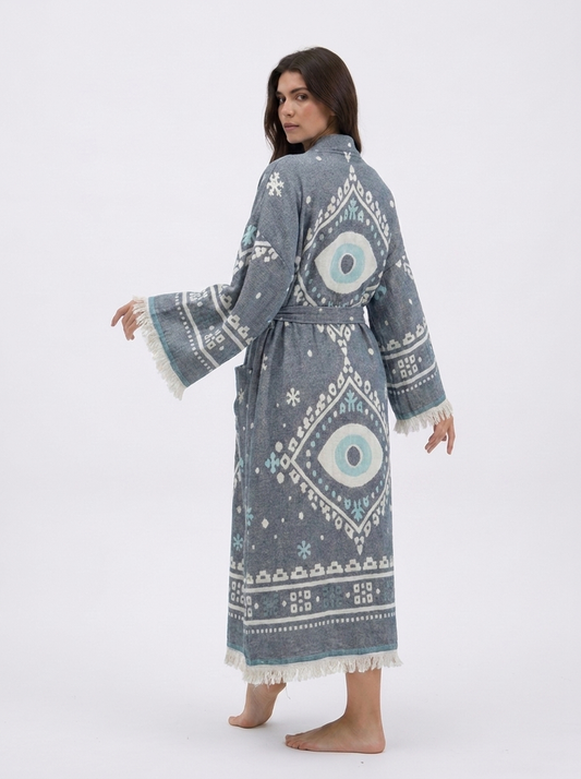Hera Evil Eye Jacquard Natural Cotton Kimono Robe