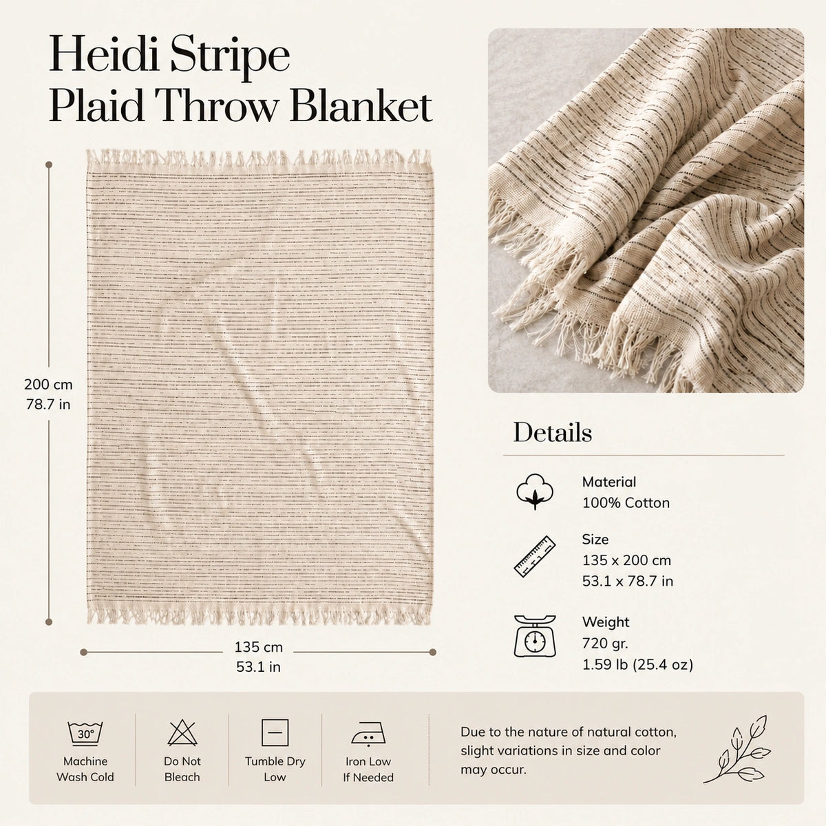 Heidi cotton throw blanket size guide showing 53.1 x 78.7 in dimensions, 100% cotton material, 1.59 lb weight and care.