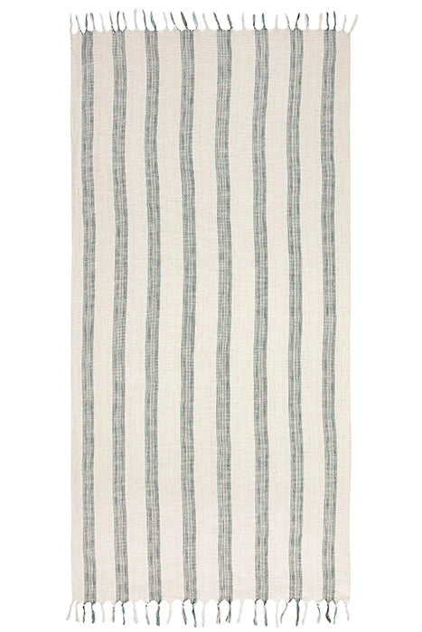 Full view of Gelin 100% cotton Turkish peshtemal towel in natural ivory with blue-green woven stripes and tasseled ends.