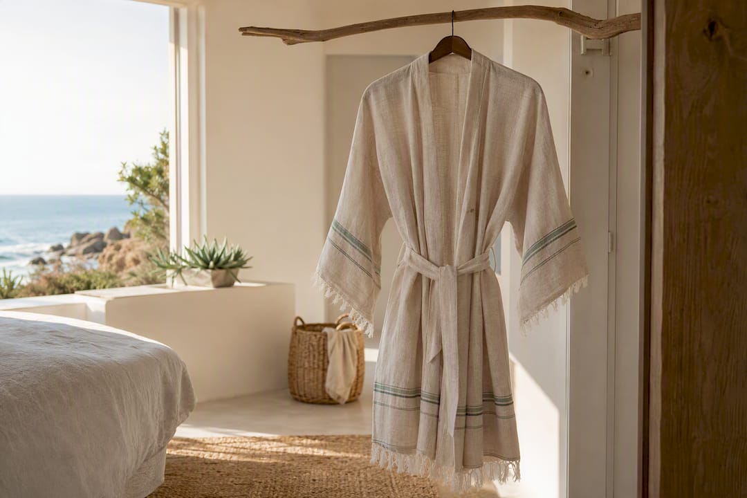 Linen summer robe draped on chair in airy room