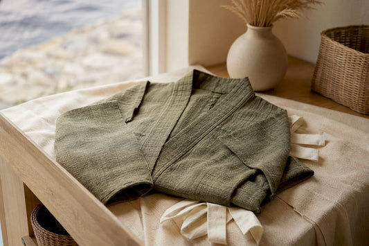 Folded linen kimono on cotton sheet in natural light