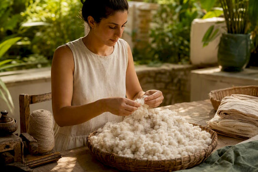 Artisan inspecting natural cotton fibers