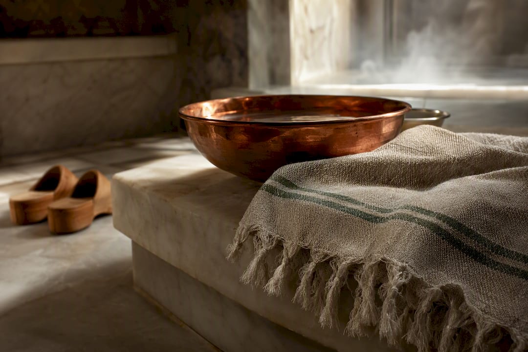 Peshtemal edge beside copper bowl in hammam