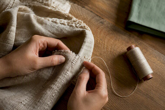 Hands repairing a natural-fiber garment hem