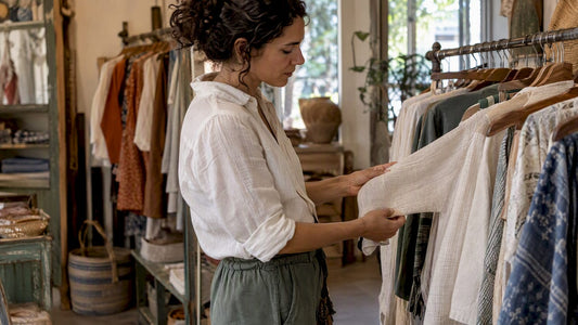 Shopper examining a cotton garment in a textile shop