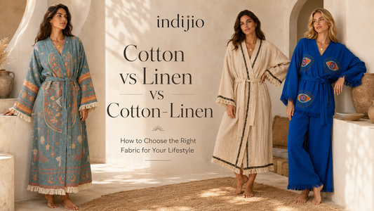 Cotton, linen, and cotton-linen kimono comparison chart featuring three neutral-toned artisan robes and details on feel, breathability, climate, wrinkling, drape, softness, best uses, and overall look.