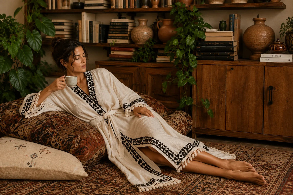 Woman relaxing with a cup of tea in a cream cotton-linen kimono robe with black patterned trim and fringed edges, styled in a warm bohemian interior with vintage rugs, books, pottery, and greenery.