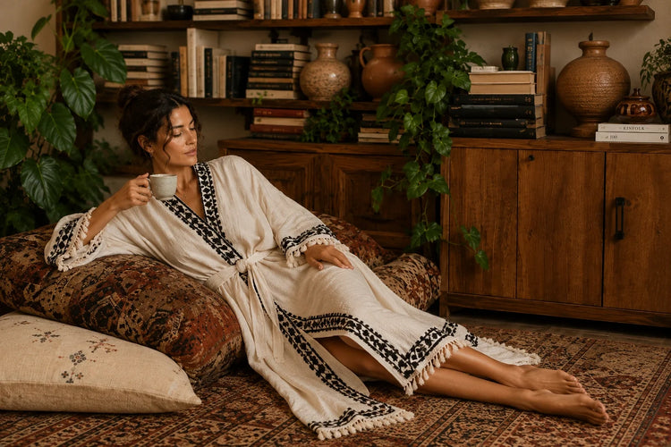 Woman relaxing with a cup of tea in a cream cotton-linen kimono robe with black patterned trim and fringed edges, styled in a warm bohemian interior with vintage rugs, books, pottery, and greenery.