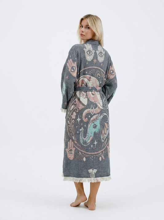 Elephant Jacquard Natural Cotton Kimono Robe