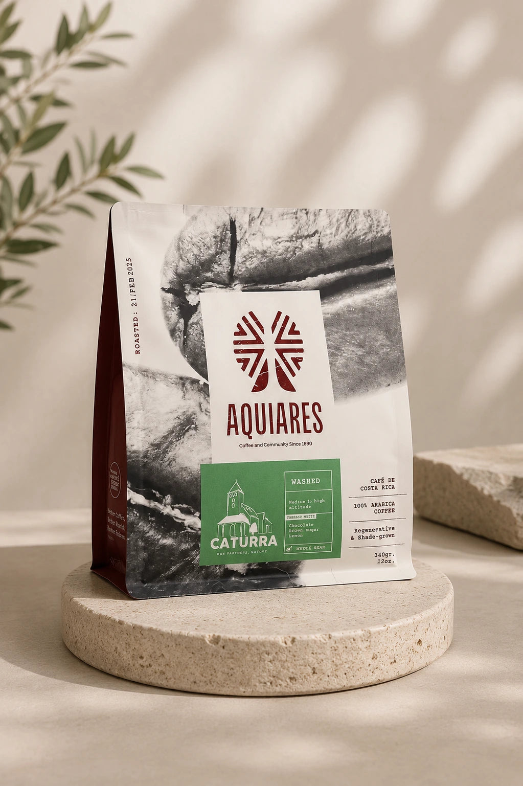 Aquiares Caturra 100% Arabica ground coffee from Costa Rica in its original package, featuring regenerative and shade-grown coffee.