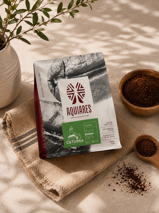 Aquiares Caturra Costa Rican ground coffee displayed with bowls of freshly ground coffee on natural linen in warm sunlight.