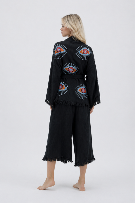 Zaria Black Evil Eye Cotton Kimono Robe Set