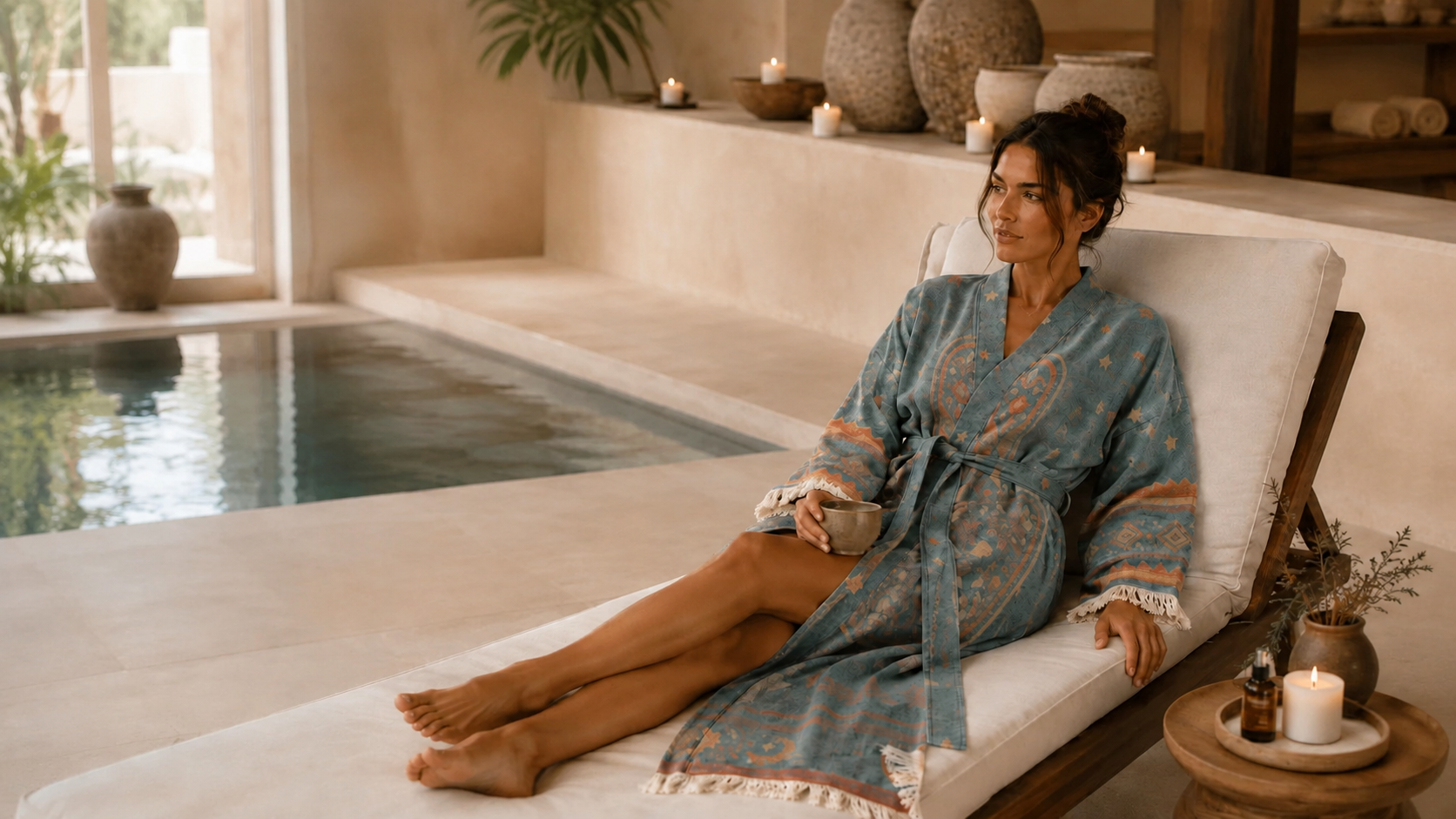 A woman lounges on a chaise lounge by an indoor pool, wearing a blue patterned robe with orange accents and holding a small cup. 