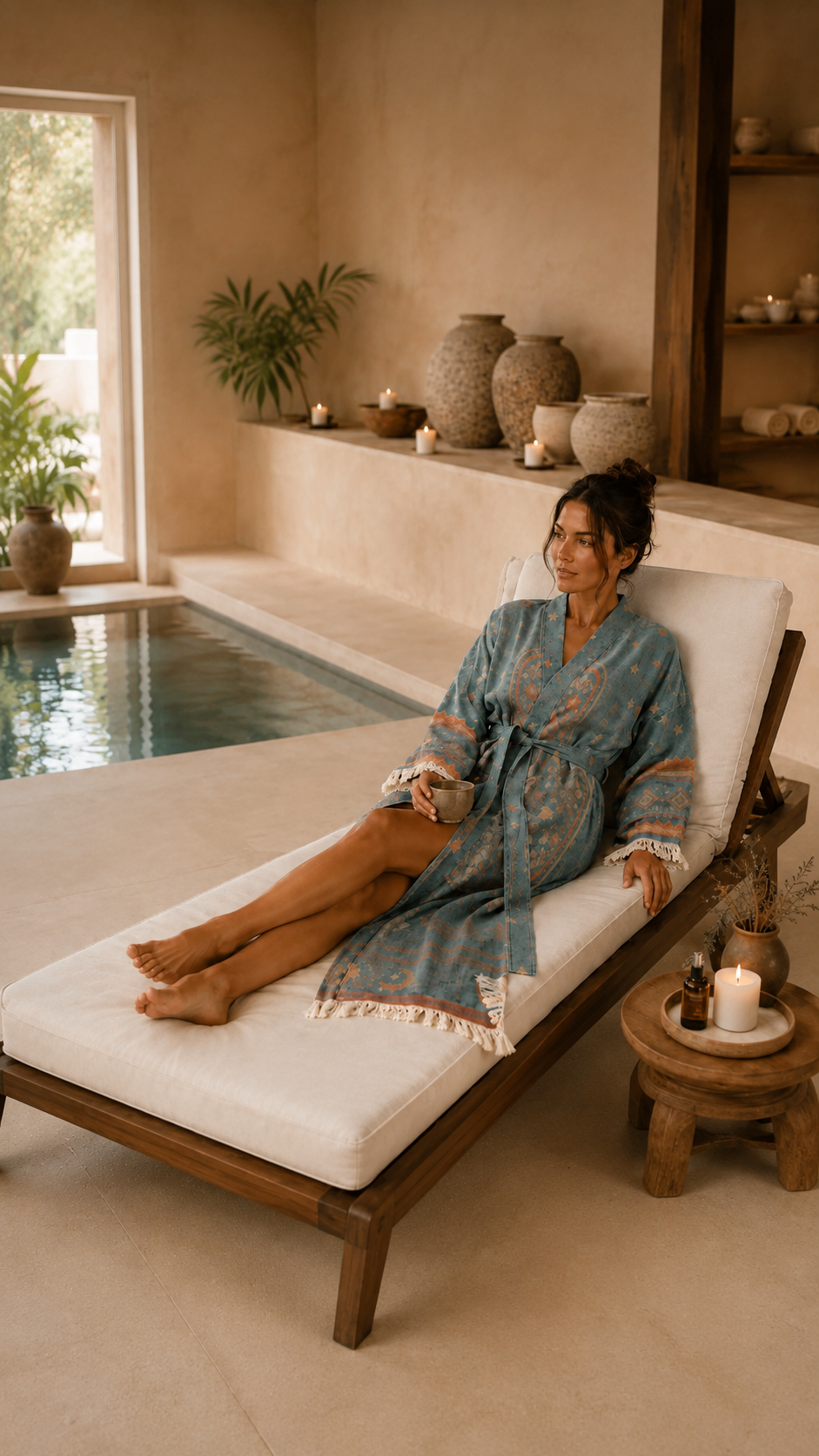A woman reclines on a lounge chair beside a pool in a warm, neutral-toned spa-like interior. She is wearing a blue patterned robe with fringe trim.