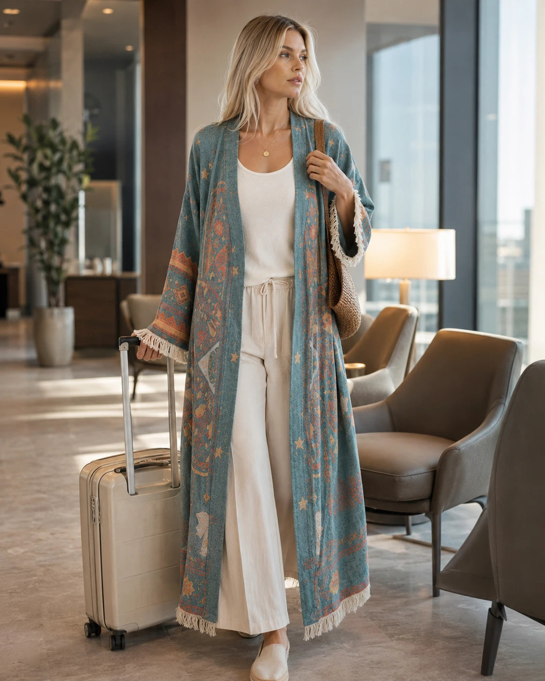 Woman wearing the Hamsa teal patterned kimono over a white outfit while pulling a beige suitcase through a modern lounge.