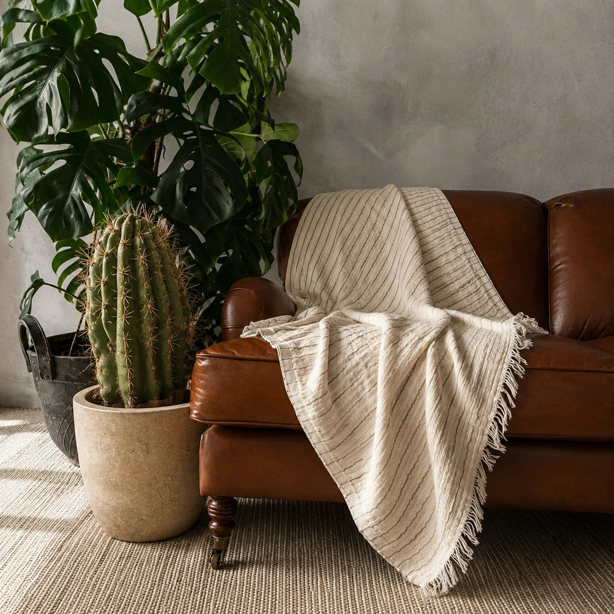 Heidi natural cotton throw blanket styled on a leather sofa beside indoor plants, showing its ivory striped woven design.