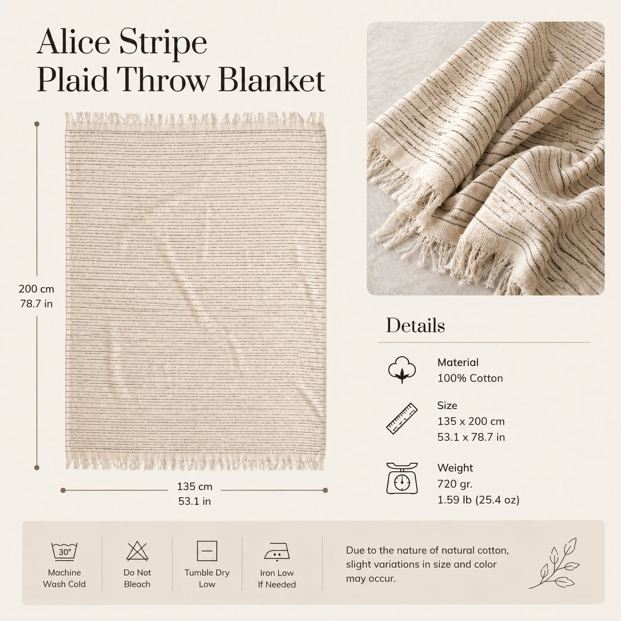 Heidi cotton throw blanket size guide showing 53.1 x 78.7 in dimensions, 100% cotton material, 1.59 lb weight and care.