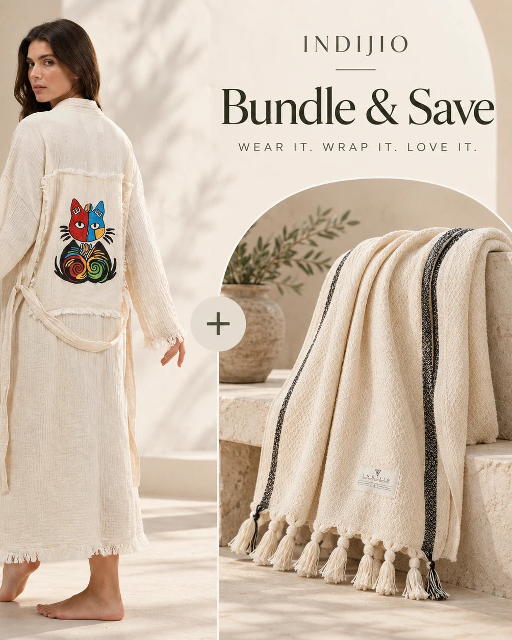 A woman a colorful embroidered cat on the back. An inset shows a matching cream throw blanket with black stripes and tassels.