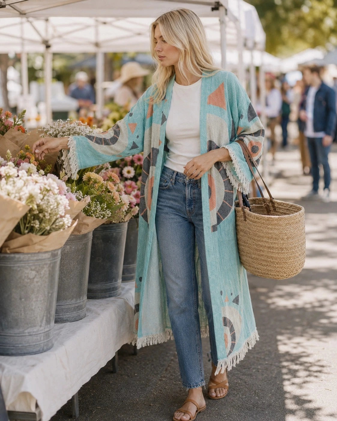 A woman stands at an outdoor flower market wearing a light blue open-front Liam kimono.