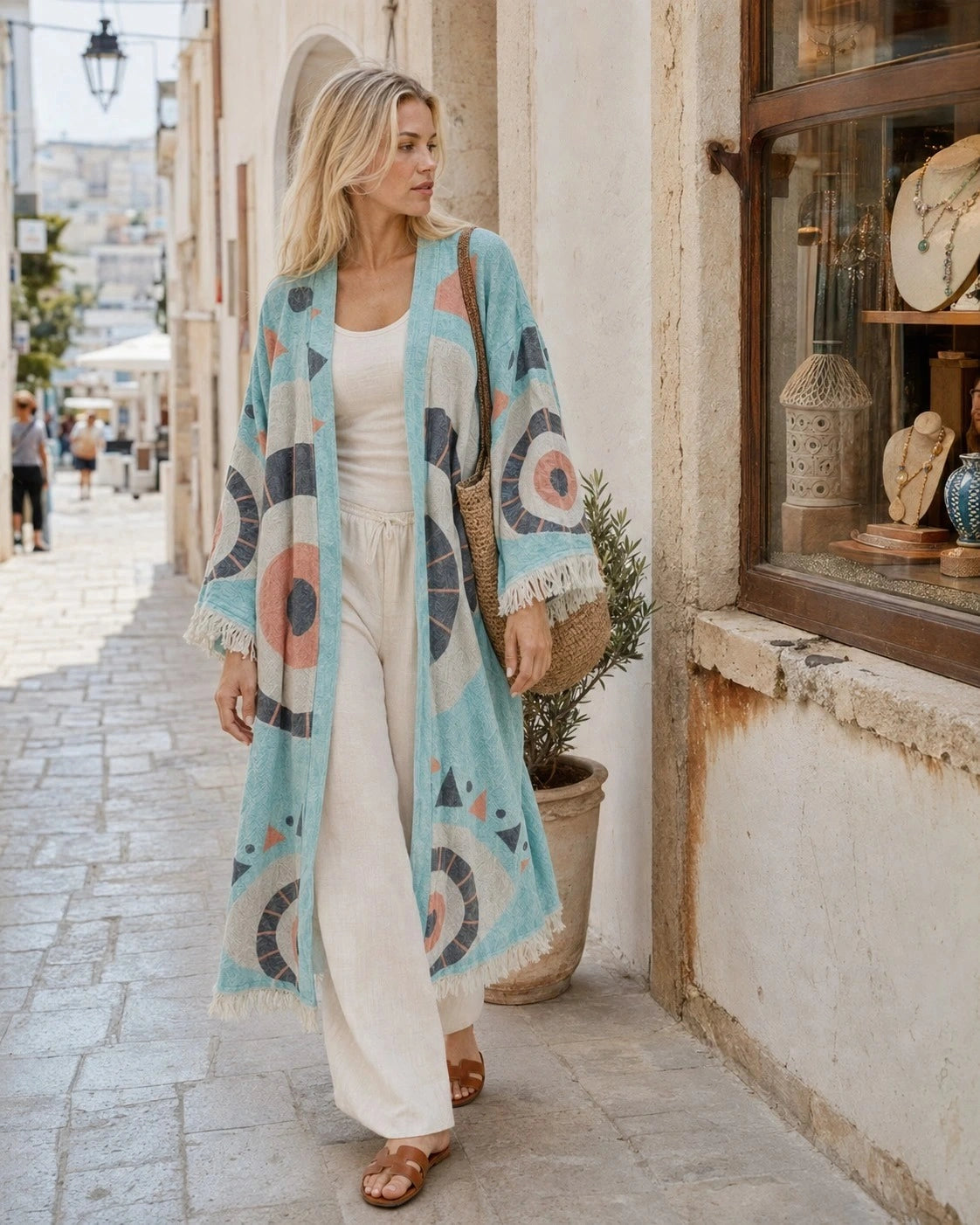 A woman walking down a sunlit stone street wearing a long, open-front bohemian-style Liam Kimono