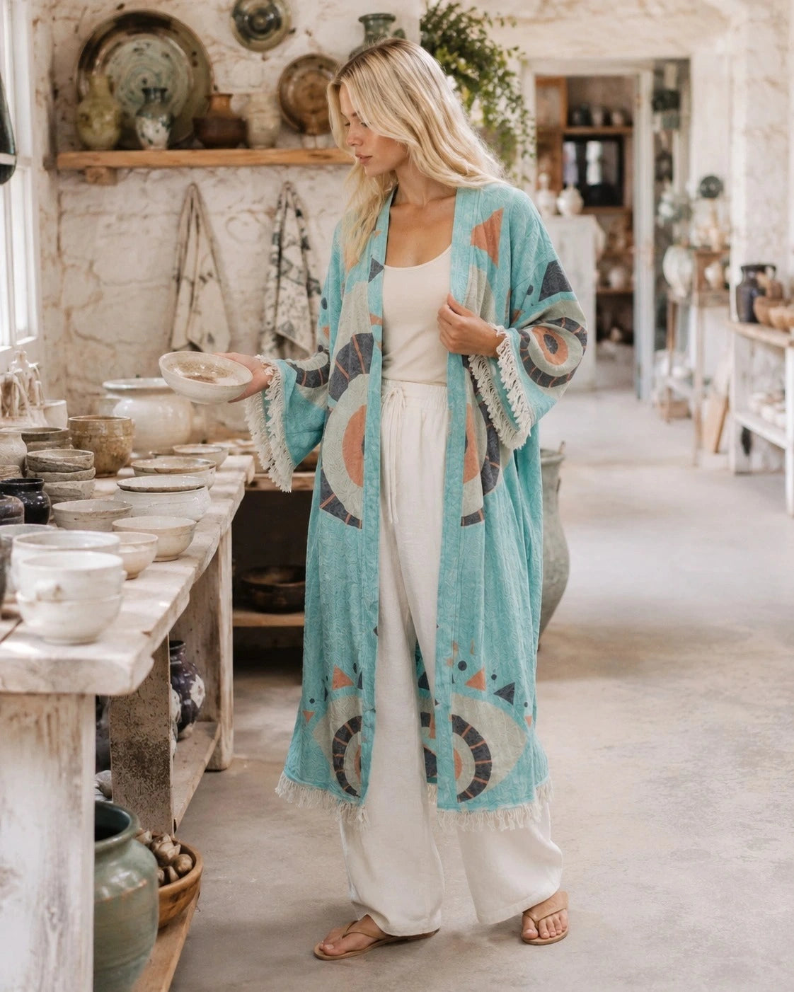 A woman stands in a rustic pottery shop wearing a light blue bohemian patterned Liam kimono.