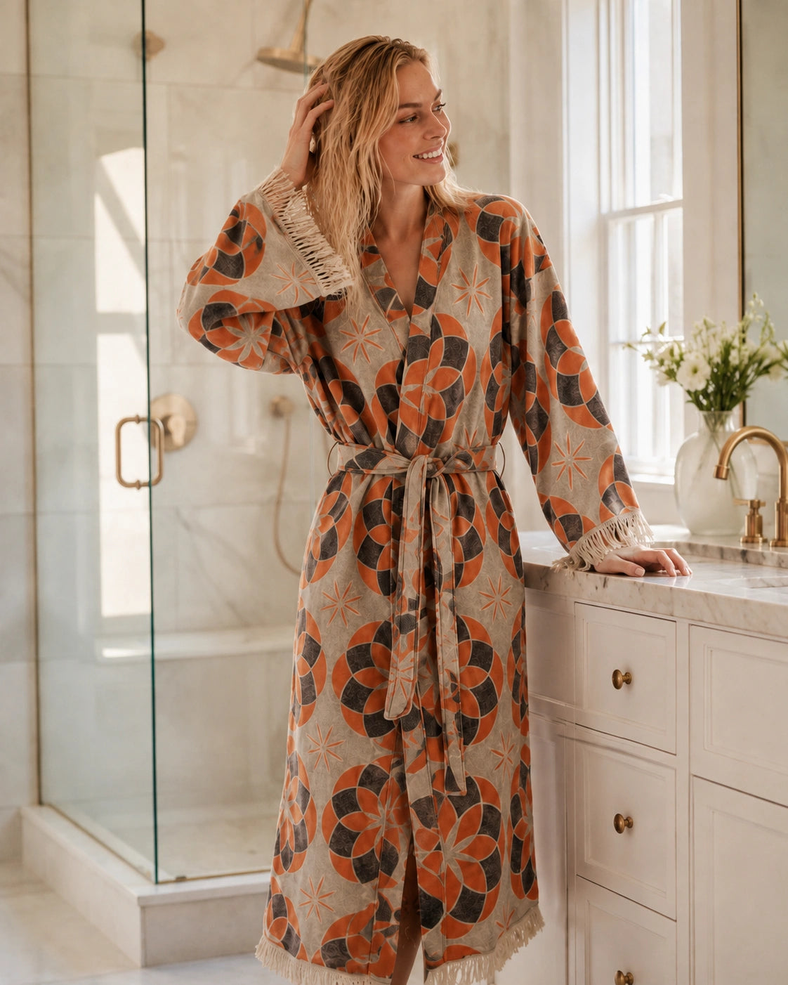 A woman stands in a bright bathroom wearing Mandala robe with a beige base and large orange and dark gray floral medallion pattern. 