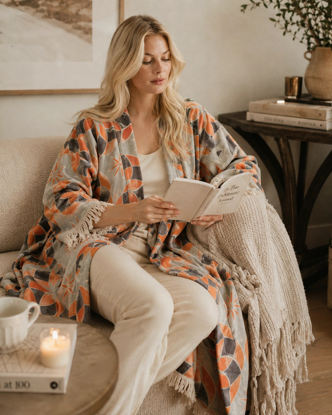 A woman sits on a beige sofa in a cozy living room setting, reading a book while draped in a patterned orange, gray, and beige fringed robe.