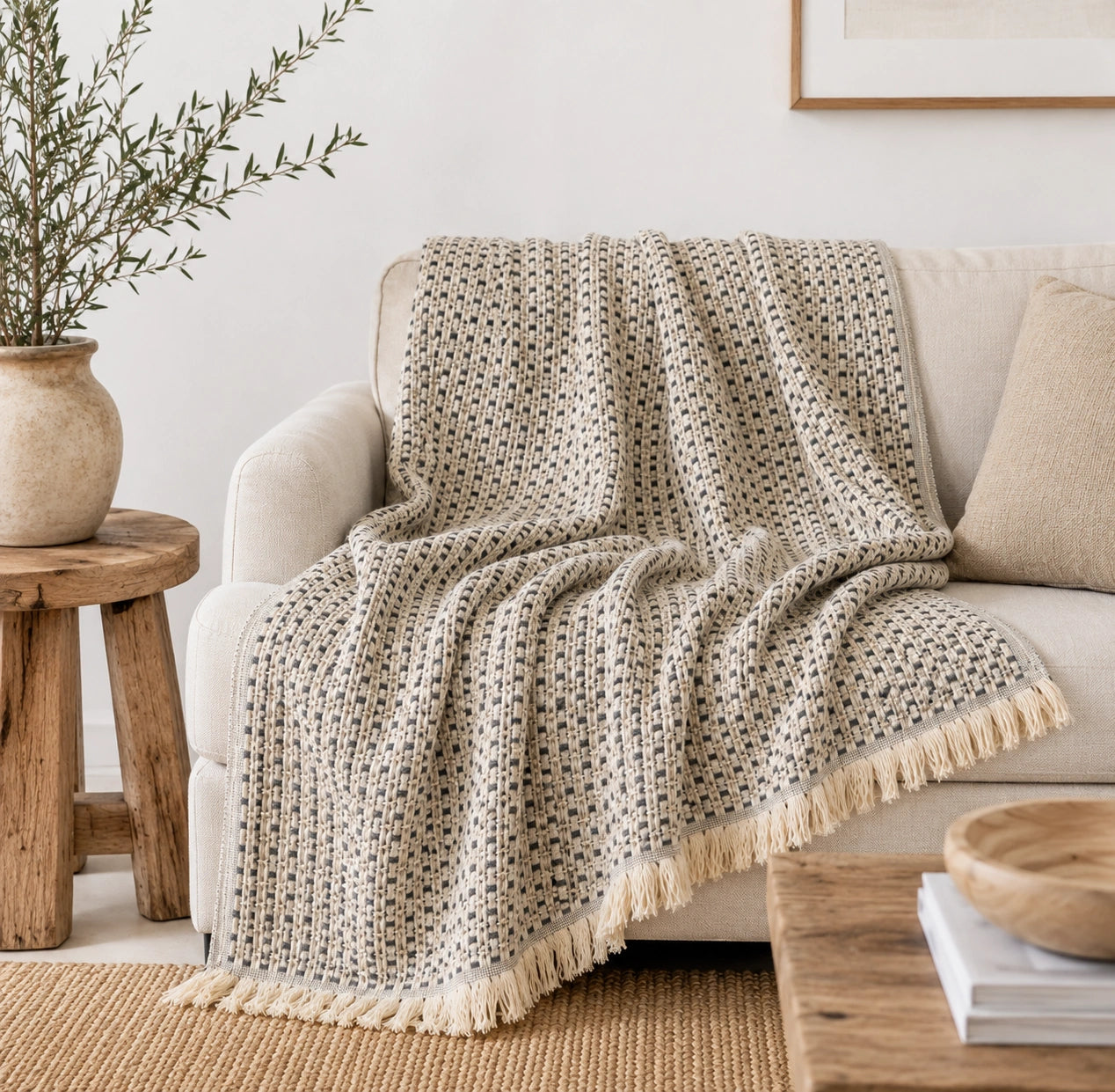 Maya 100% cotton woven throw blanket in cream and charcoal draped over a neutral sofa, showing its textured pattern and fringe trim.