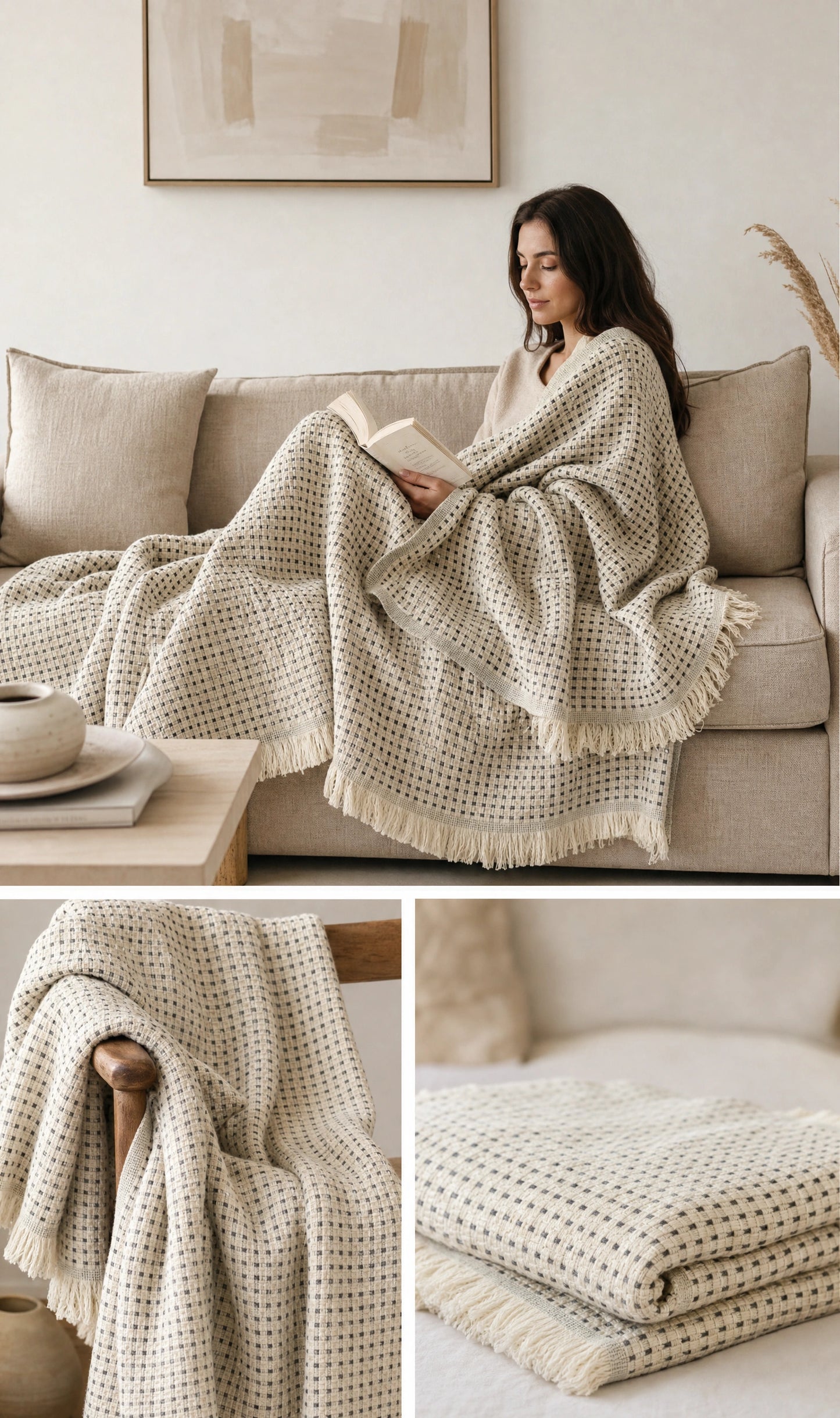 Woman relaxing with a book under the Maya cotton throw blanket, showing its soft woven texture, neutral pattern and fringe trim.