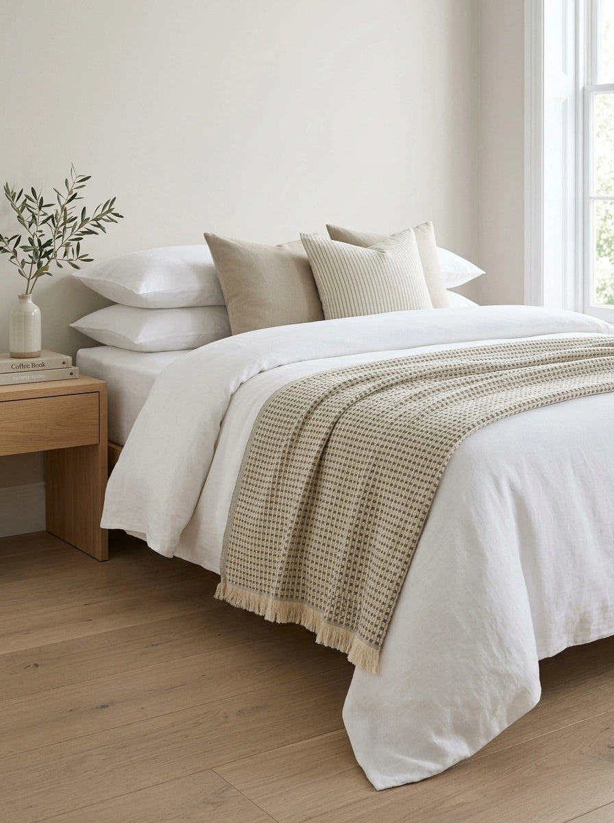 Maya 100% cotton throw blanket layered across a white bed, adding a textured cream and charcoal accent to a neutral bedroom.