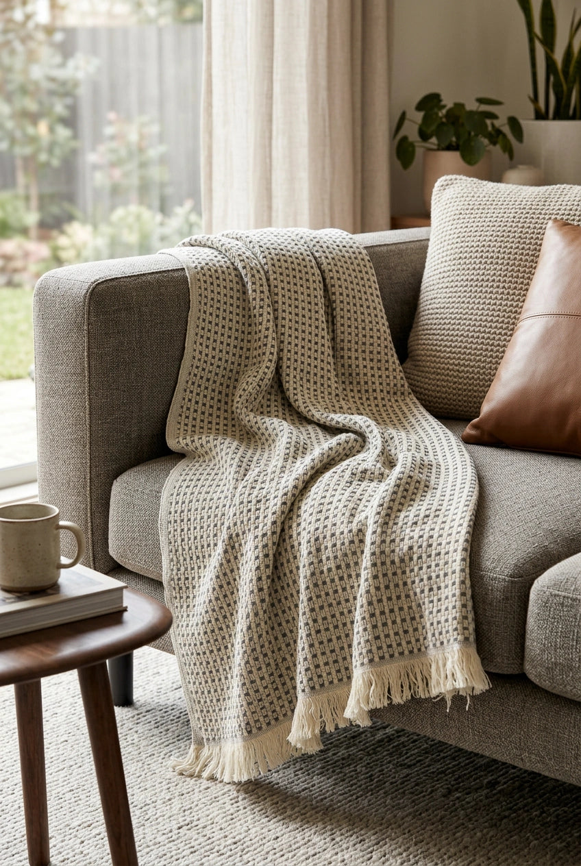 Maya woven cotton throw blanket draped over a gray sofa, featuring a cream charcoal grid pattern and soft fringed edges.
