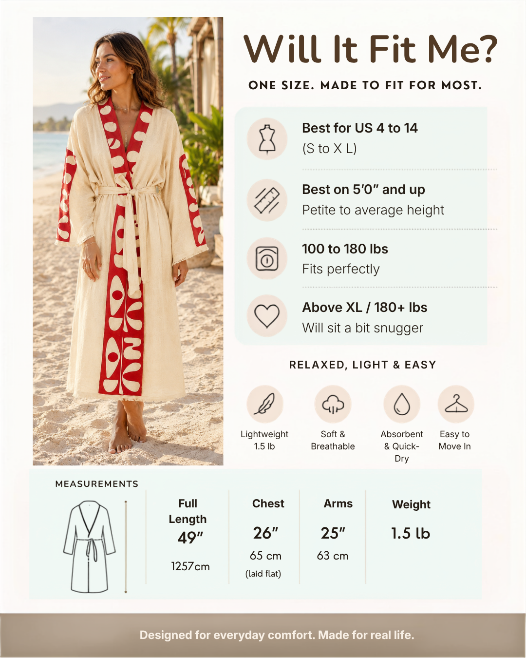 A woman wearing a cream robe with bold red and white patterned trim stands on a beach, next to a sizing and fit guide titled 'Will It Fit Me?'. The guide includes fit recommendations for US sizes, weight and height requirements, and a measurements chart showing full length, chest, arms, and weight.