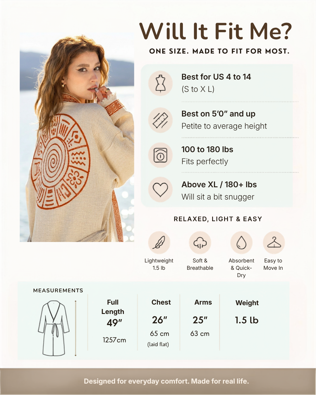 A fit guide infographic for a beige knit sweater with a large brown circular geometric pattern on the back. The left side features a woman modeling the sweater in a snowy outdoor setting.