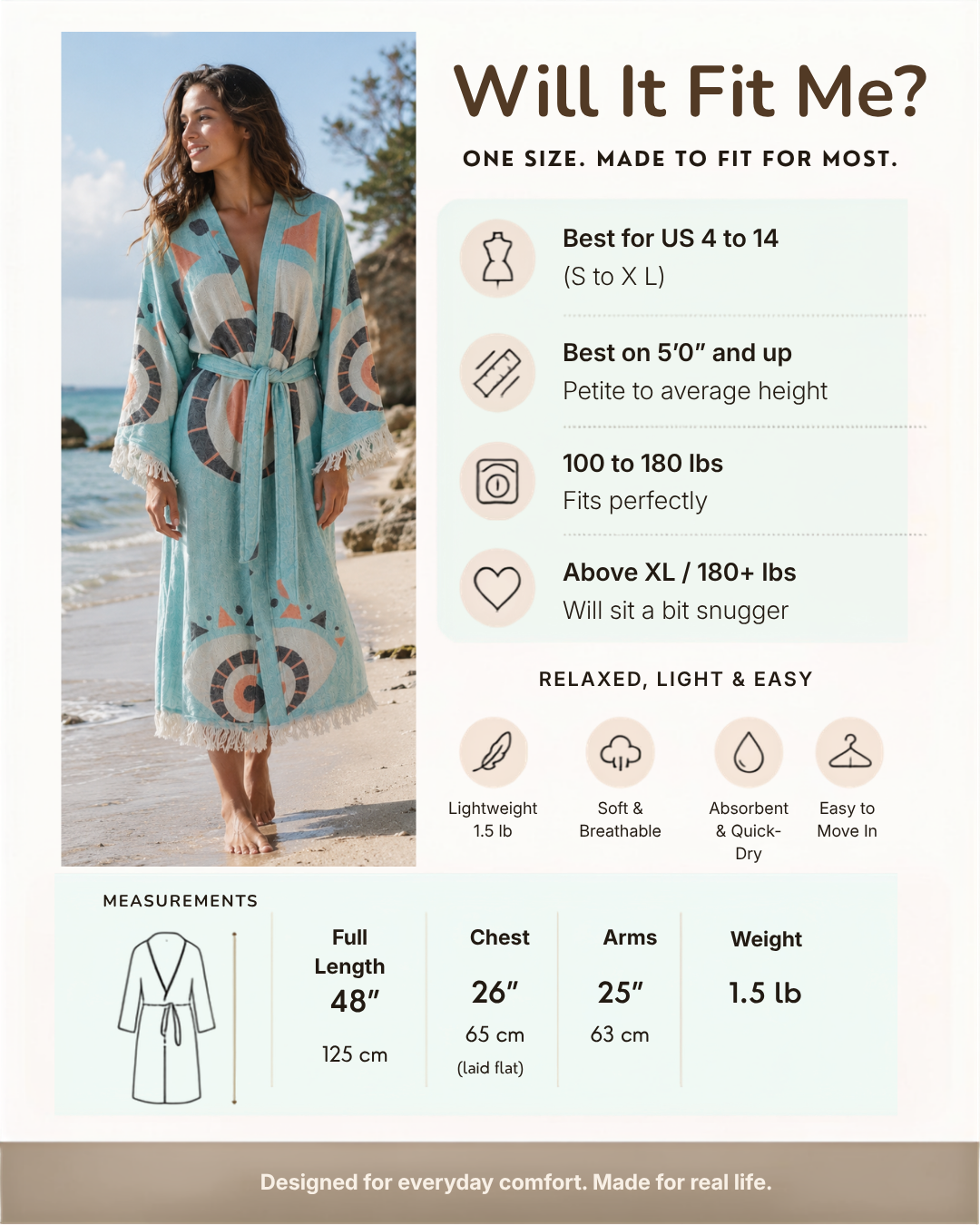 A fitting guide infographic for a light blue, patterned maxi cover-up on a beach model. The graphic includes sizing information, weight limits, and a measurement chart on the bottom left.