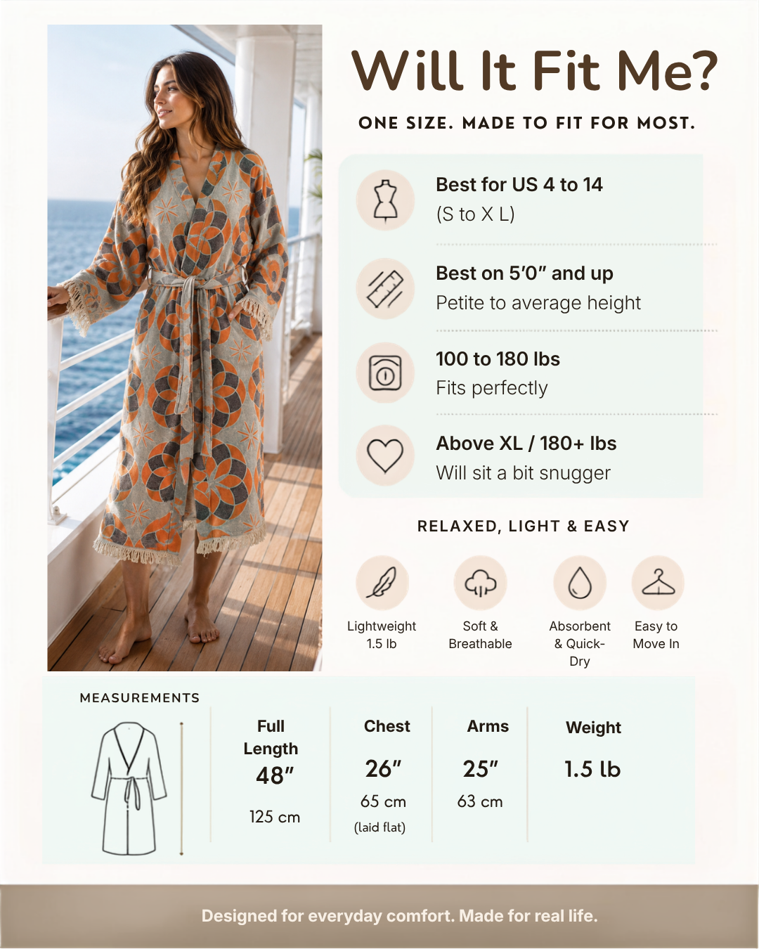 A promotional fit chart for a long-sleeve patterned maxi dress. The left side features a model wearing the dress on a balcony, while the right side contains text and icons detailing fit measurements, weight range (100 to 180 lbs), fabric properties, and a measurement guide.