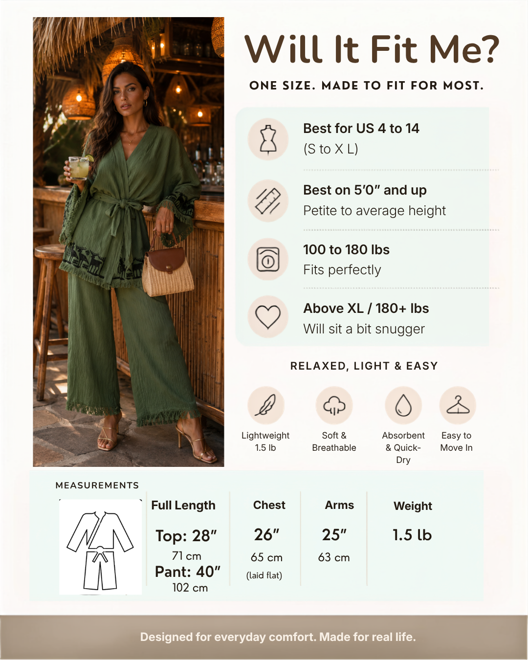 A promotional fit chart for a green two-piece tunic and pants set. The left side shows a model wearing the outfit, while the right side contains text detailing sizing, weight, and fit for US sizes 4 to 14, 5 on, 100 to 180 lbs, and above XL.