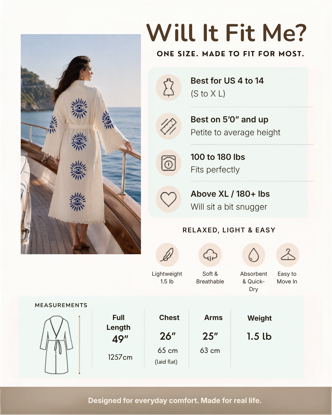 A woman wearing a cream-colored kimono-style robe with blue floral patterns stands on a yacht deck, with informational text and fit measurements overlaid on the image.