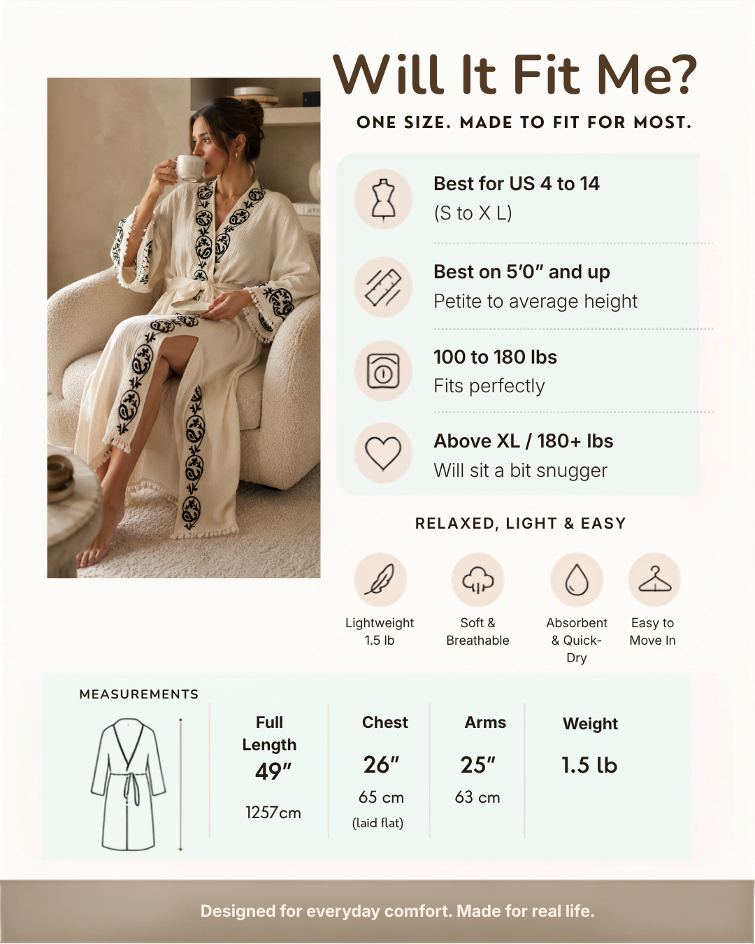 A white robe with black embroidered trim, worn by a woman sitting in an armchair, alongside a sizing guide and fit chart for the robe. The image includes text detailing measurements, weight, and fit recommendations.