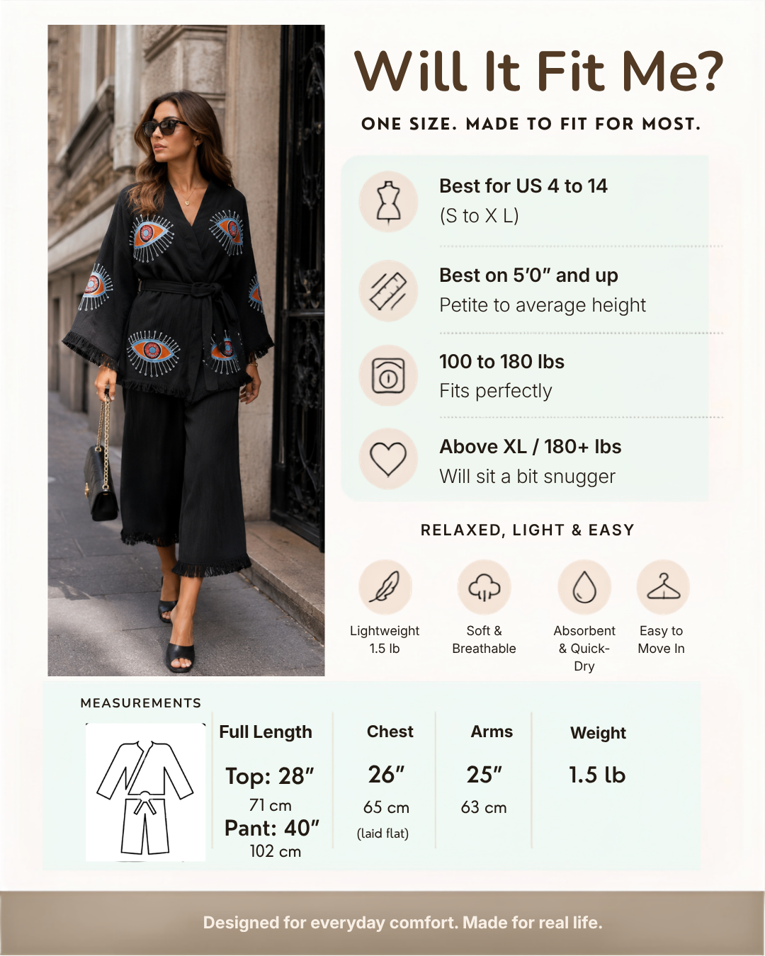 A fit guide infographic for a black midi tunic with colorful eye embroidery, featuring a model wearing the tunic on the left and text detailing sizing, weight, and fit on the right, with a measurement chart at the bottom.