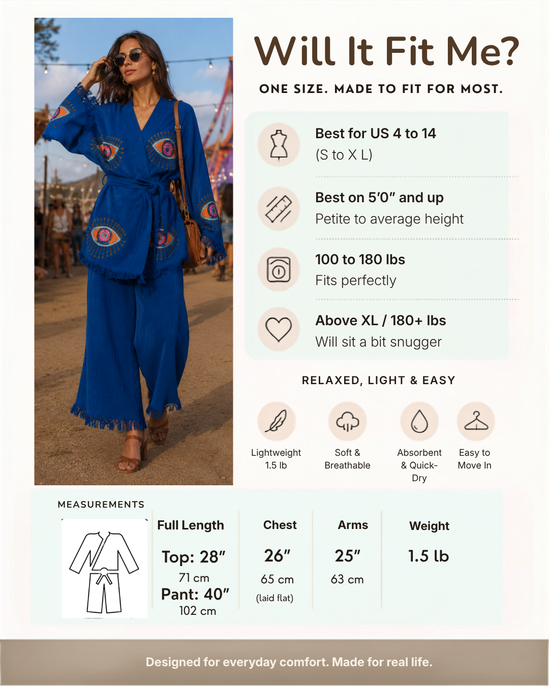 A promotional fit chart for a blue two-piece outfit with matching belt and sunglasses. The left side shows a woman modeling the outfit outdoors, while the right side contains text and icons describing sizing, fit, weight, and fabric properties.