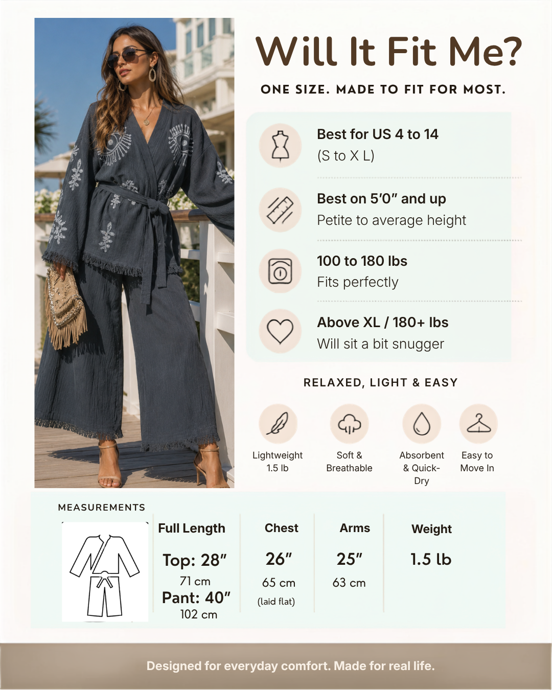 A fit guide infographic for a women's lightweight cover-up top and matching pants. The left side shows a woman modeling the dark gray two-piece set in an outdoor beach setting.