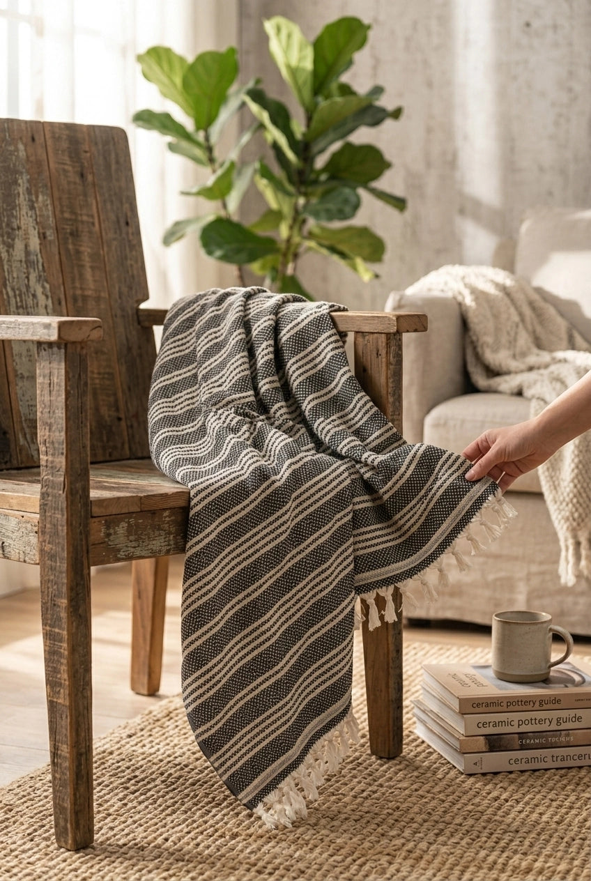 Mevsim 100% cotton Turkish towel draped over a rustic wooden chair, showing its black striped weave and natural tassel fringe.
