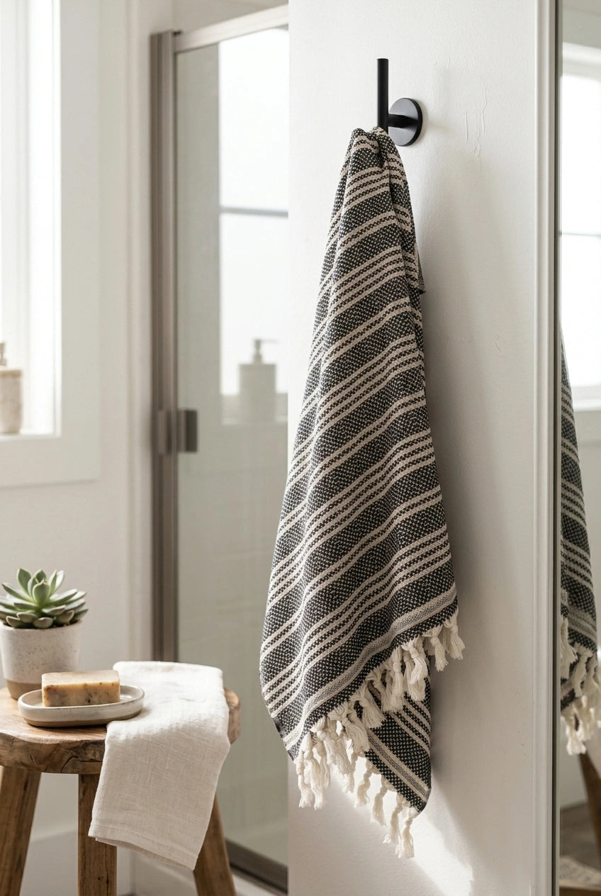 Mevsim Turkish cotton peshtemal towel hanging in a bright bathroom, featuring black and ivory woven stripes and tassel fringe.