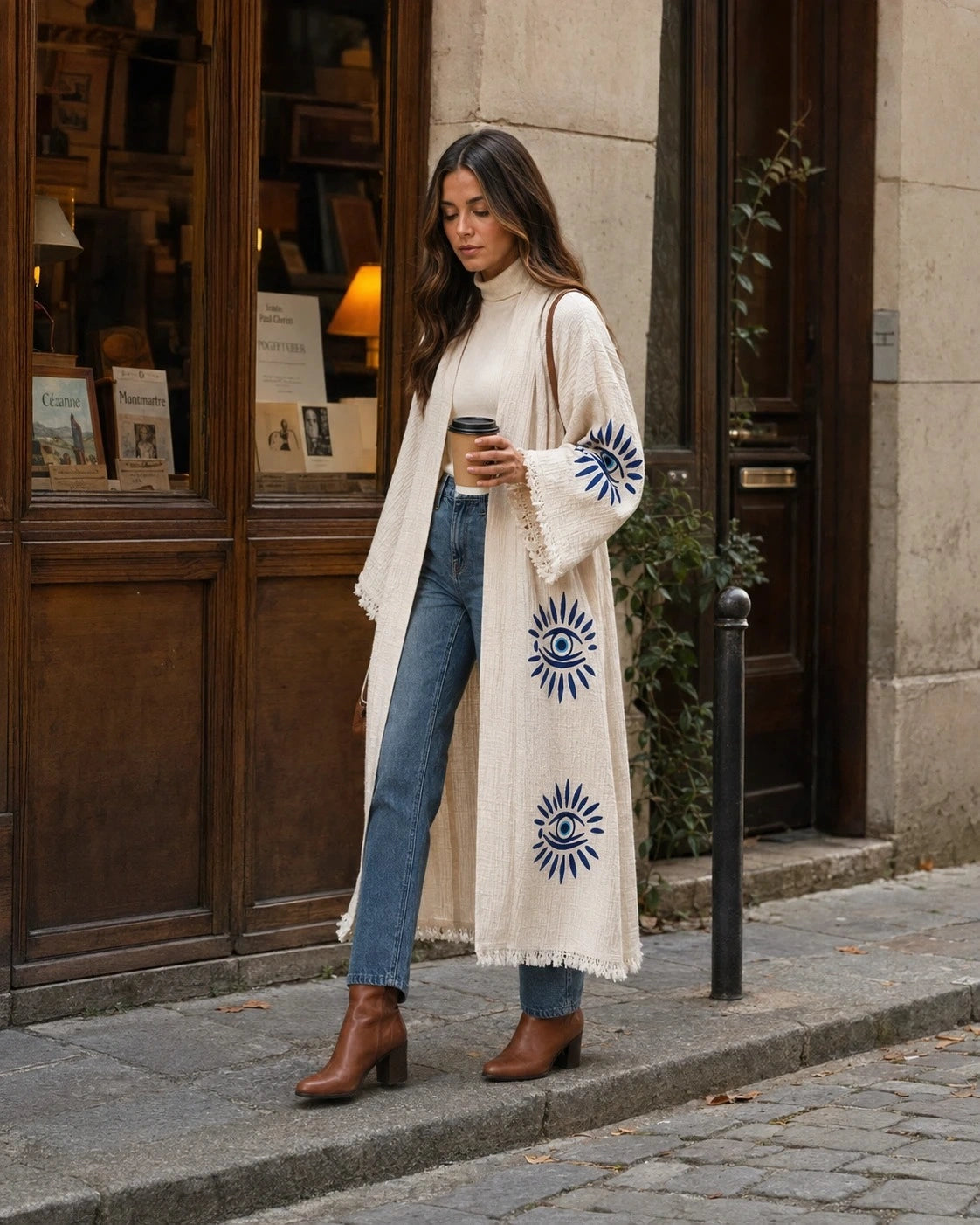 A woman stands on a cobblestone sidewalk in front of a stone building and wooden shop window, wearing a long cream open-front Nazar kimono.