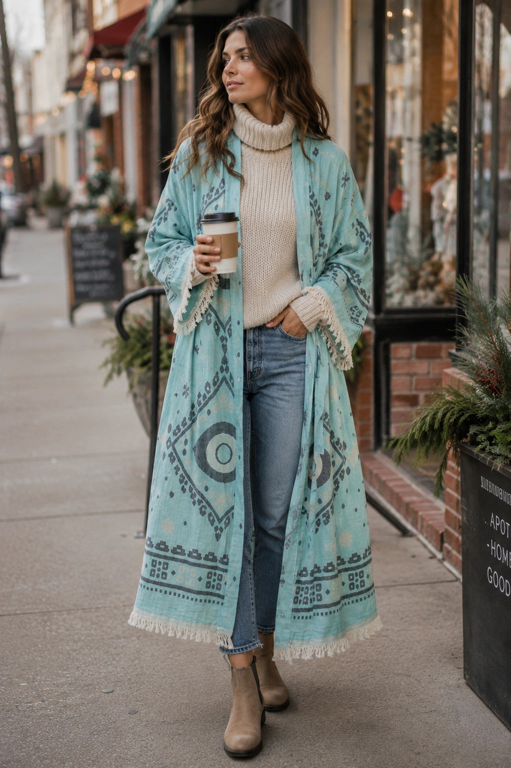 Woman wearing the blue Ocean cotton kimono as a fall and winter layer over a knit turtleneck, jeans and ankle boots in town.