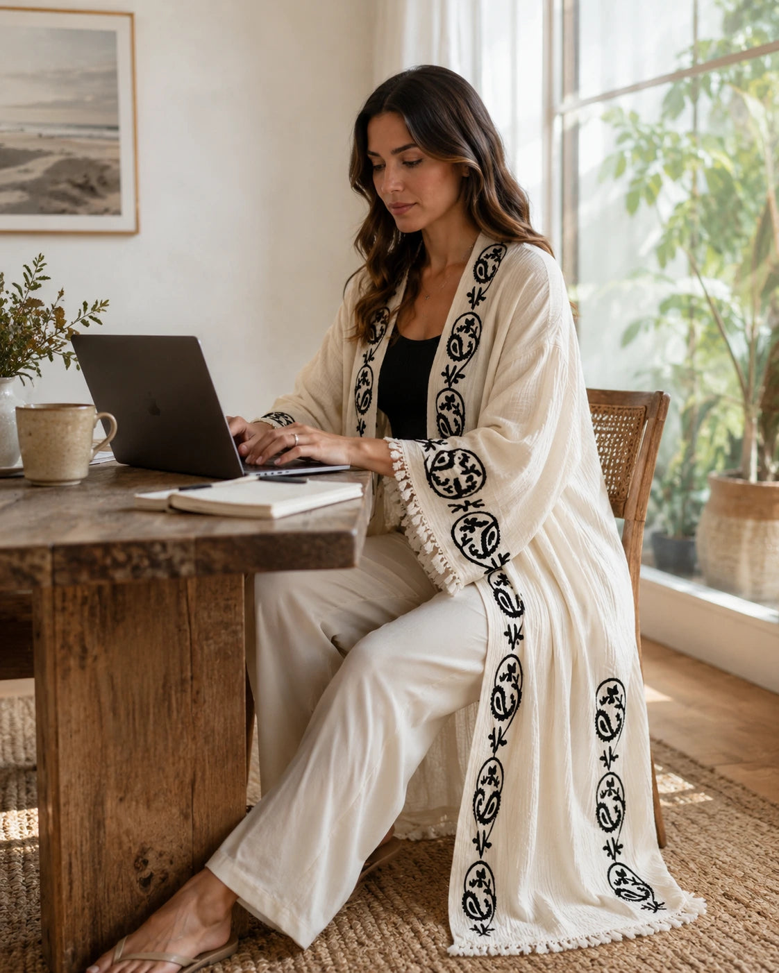 A woman sits at a wooden table using a laptop in a bright, sunlit room. She is wearing a loose, off-white bohemian-style robe.