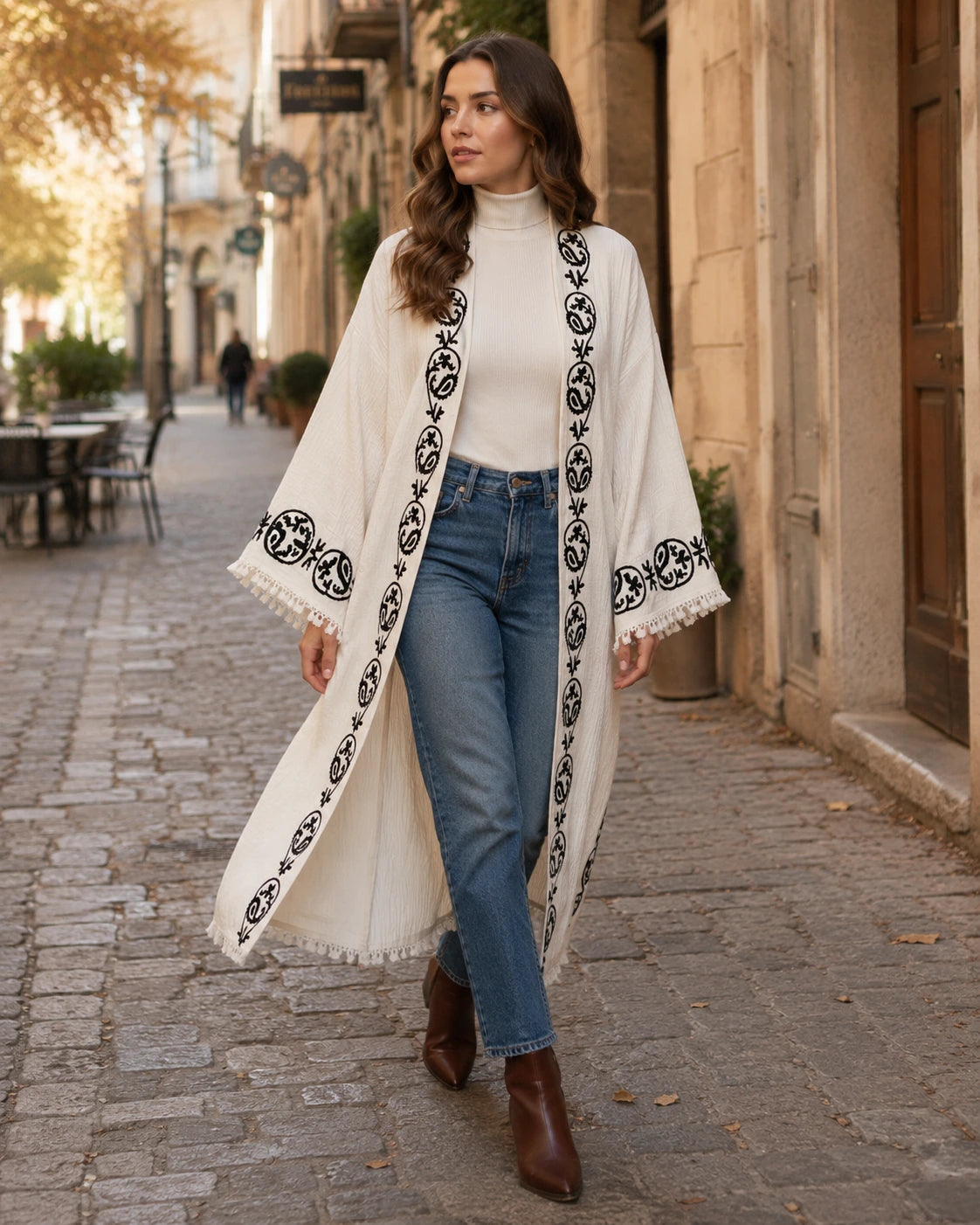 A woman walking down a cobblestone street wearing a long cream-colored open-front kimono on blue jeans.