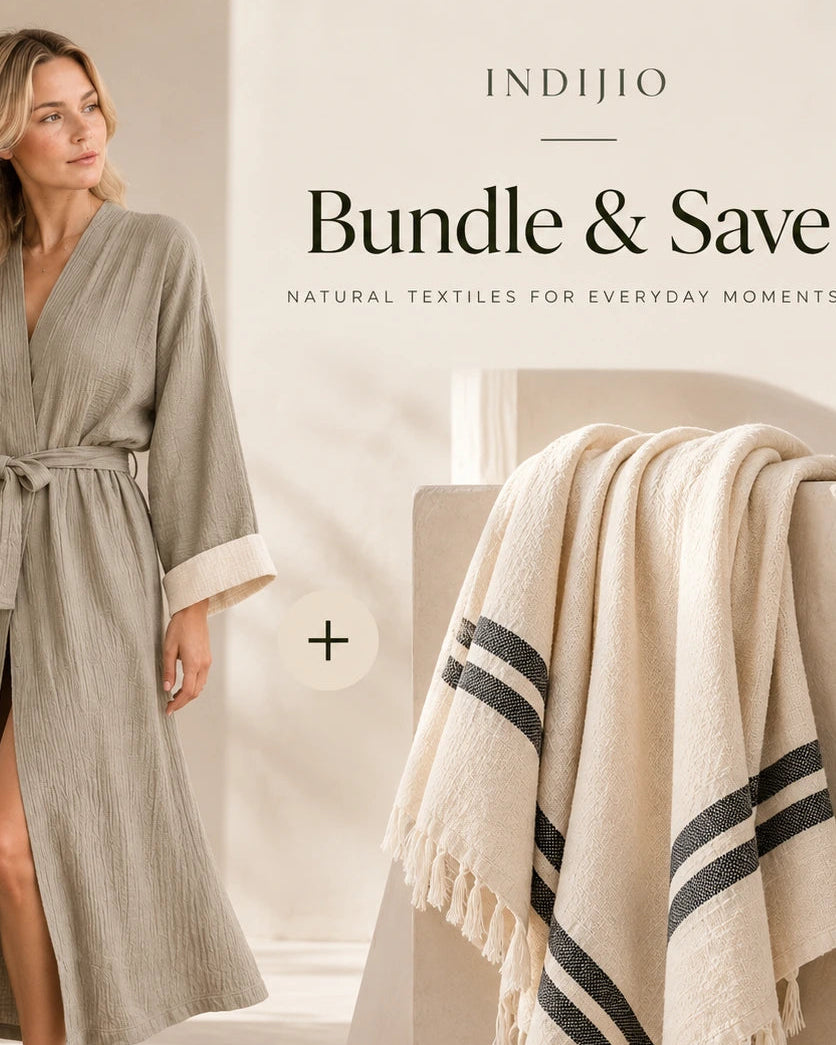 Zen Dusty Olive cotton kimono paired with Celine Turkish towel in a warm, minimalist setting, creating a natural-fiber self-care bundle.
