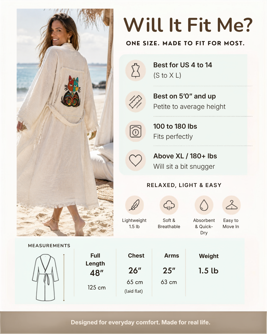 A product fit and measurement guide for a relaxed one-size beach robe. The left side shows a woman on a beach wearing the robe, while the right side contains text and icons describing fit, weight range, and material properties.