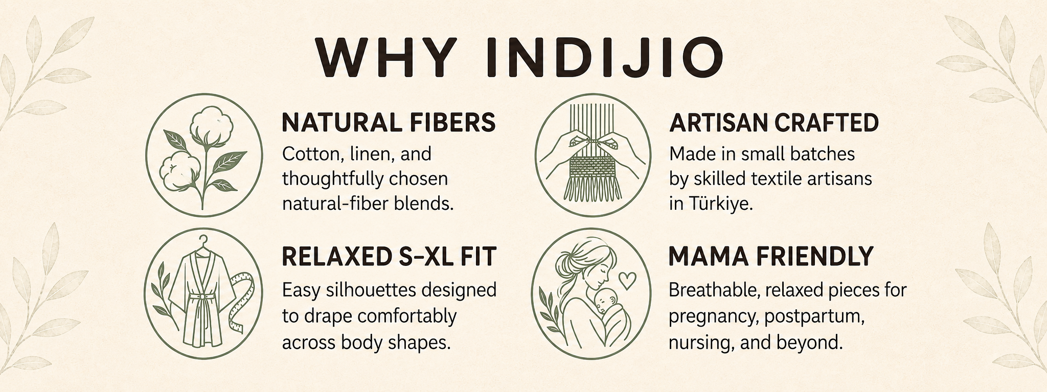An informational graphic'WHY INDIJIO' featuring Natural Fibers, Artisan Crafted, Relaxed S-XL Fit, and Mama Friendly